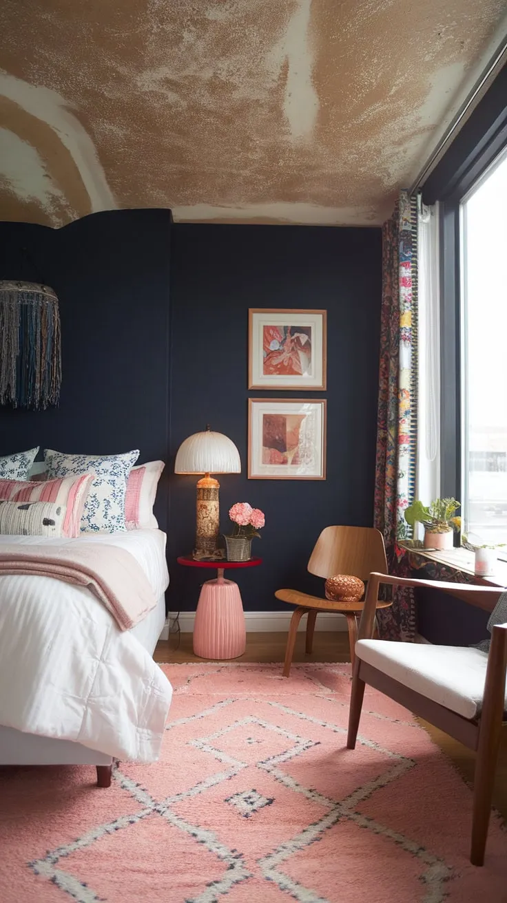 This cozy and funky eclectic bedroom features a modern design with colorful elements like a navy blue wall and light pink rug, perfect for couples seeking unique small eclectic bedroom ideas.