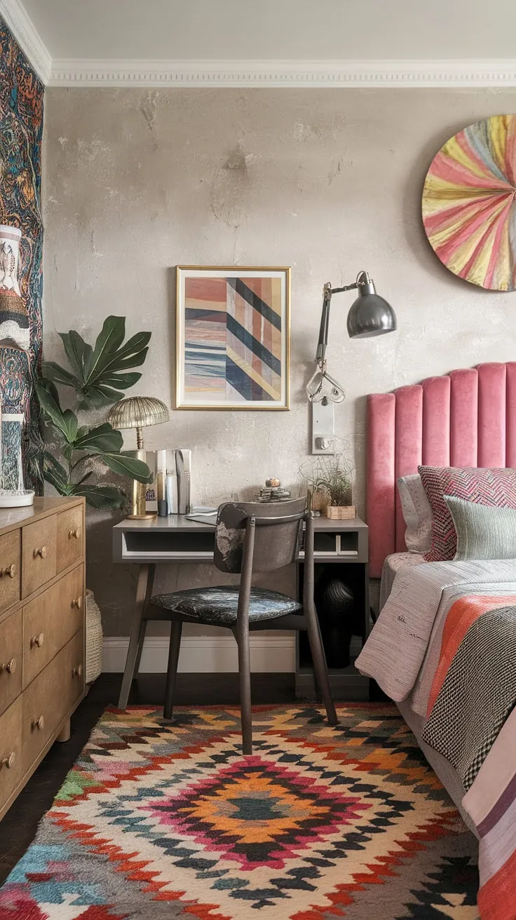 This cozy eclectic bedroom showcases a vibrant mix of modern and funky elements, featuring a colorful patterned rug, a pink velvet headboard, and a stylish wooden dresser.