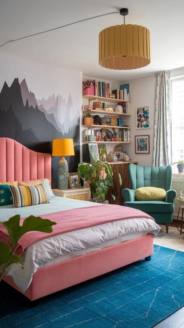 This cozy modern eclectic bedroom features a vibrant mix of colorful furniture and decor, including a pink velvet headboard and a striking mountain range wall art, perfect for inspiring small couple's eclectic bedroom ideas.