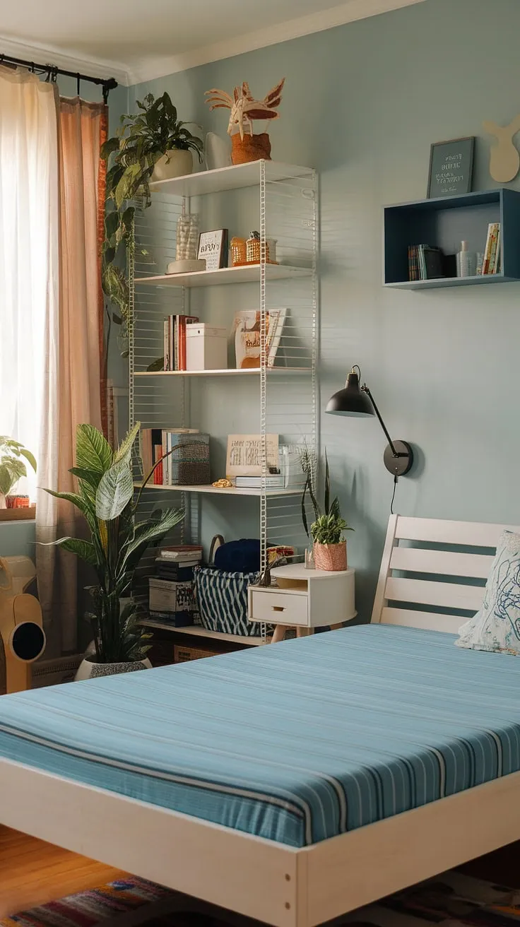 This cozy modern eclectic bedroom features a white wooden bed with a blue striped mattress, complemented by colorful decor and natural light, making it perfect for small eclectic bedroom ideas or couple's eclectic bedroom ideas.