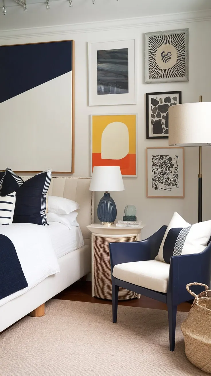 This cozy modern funky eclectic bedroom features a white bed with navy and beige accents, vibrant artwork, and stylish decor, making it perfect for couples seeking colorful and non-girly small eclectic bedroom ideas.