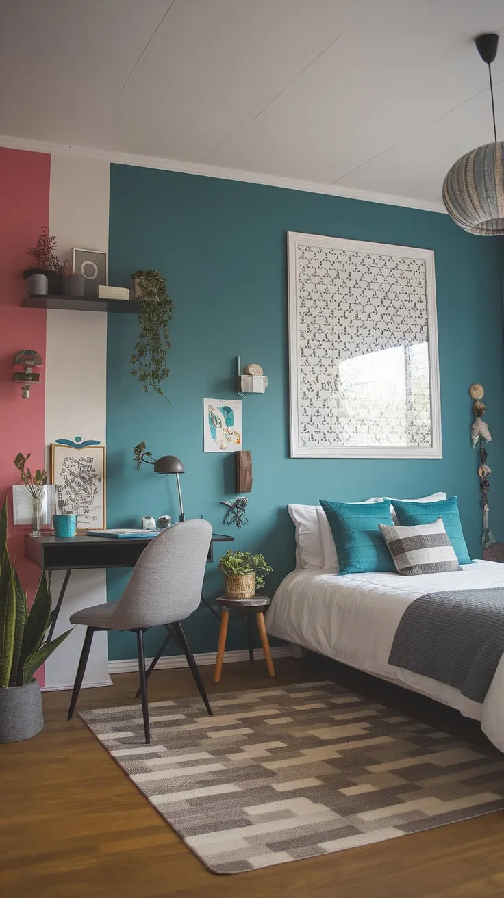 This cozy modern eclectic bedroom features a colorful teal wall, stylish decor, and small eclectic bedroom ideas that perfectly blend funkiness and comfort for couples.