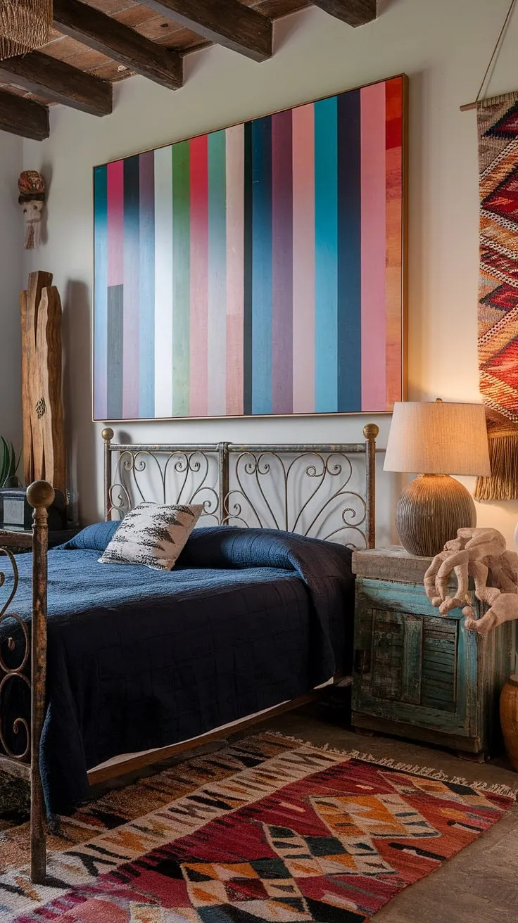 With its vibrant abstract art and rustic accents, this colorful eclectic bedroom showcases unique design elements for a stylish non-girly space.