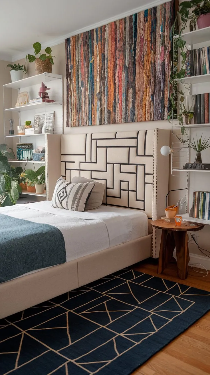 This non-girly eclectic bedroom features a beige upholstered headboard with black geometric patterns, a vibrant abstract artwork, and a cozy dark blue rug, making it a perfect example of modern and funky eclectic bedroom design.