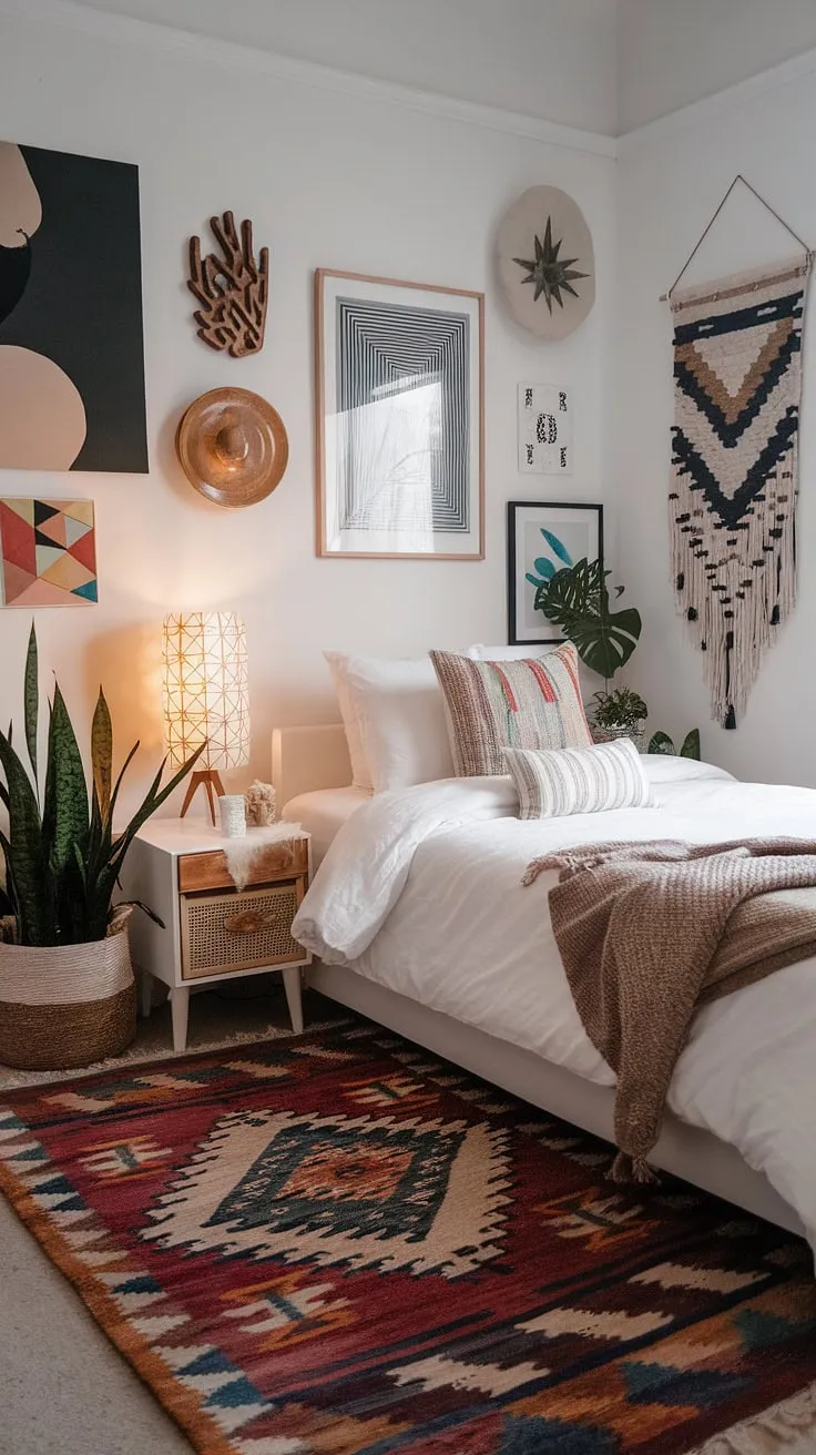 This cozy, non-girly eclectic bedroom features a white bed, unique art, and colorful accents, making it a perfect small space for couples seeking modern and funky design ideas.
