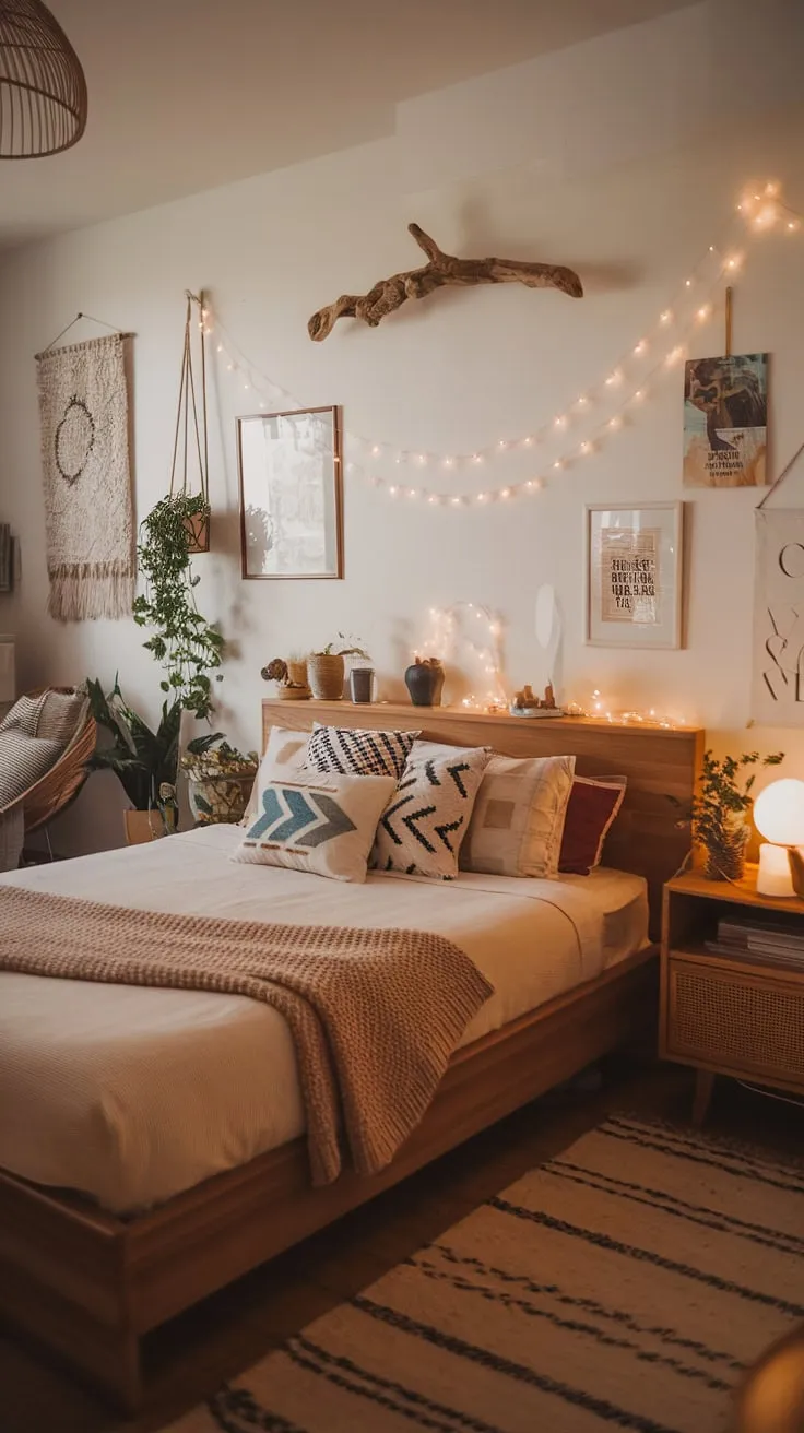 This cozy modern eclectic bedroom combines non-girly elements with colorful decor, featuring geometric patterns, warm lighting, and unique art pieces for a stylish yet inviting atmosphere.