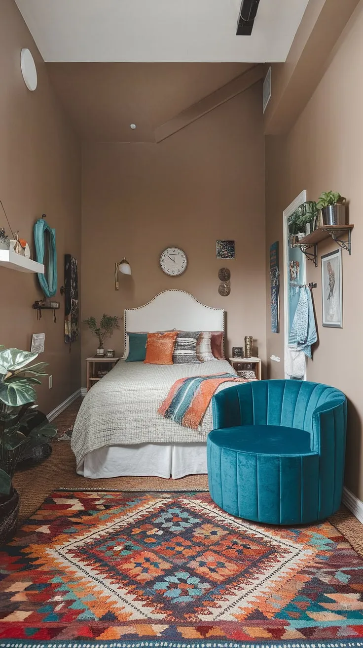With its queen-size bed, teal velvet accent chair, and a large patterned rug, this small eclectic bedroom beautifully blends comfort and style for a unique couple's retreat.