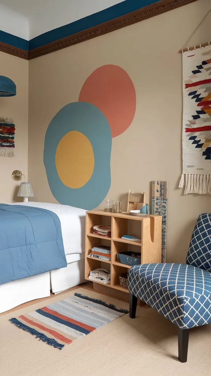 This cozy, non-girly eclectic bedroom showcases modern design with a colorful circular pattern, a blue comforter, and funky decor, perfect for couples seeking small eclectic bedroom ideas.