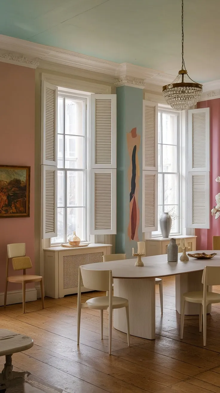The minimalist design of this eclectic dining room in a Georgian home showcases pastel interiors, white windows, and chic decor elements, perfect for fresh room decor ideas.