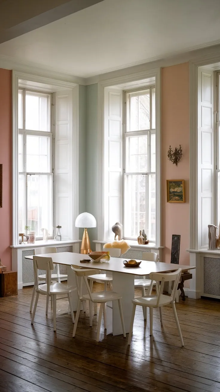 The eclectic dining room showcases minimalist design elements in a Georgian home, with soft pastel walls, white windows, and wooden floors, creating a fresh and inviting atmosphere.