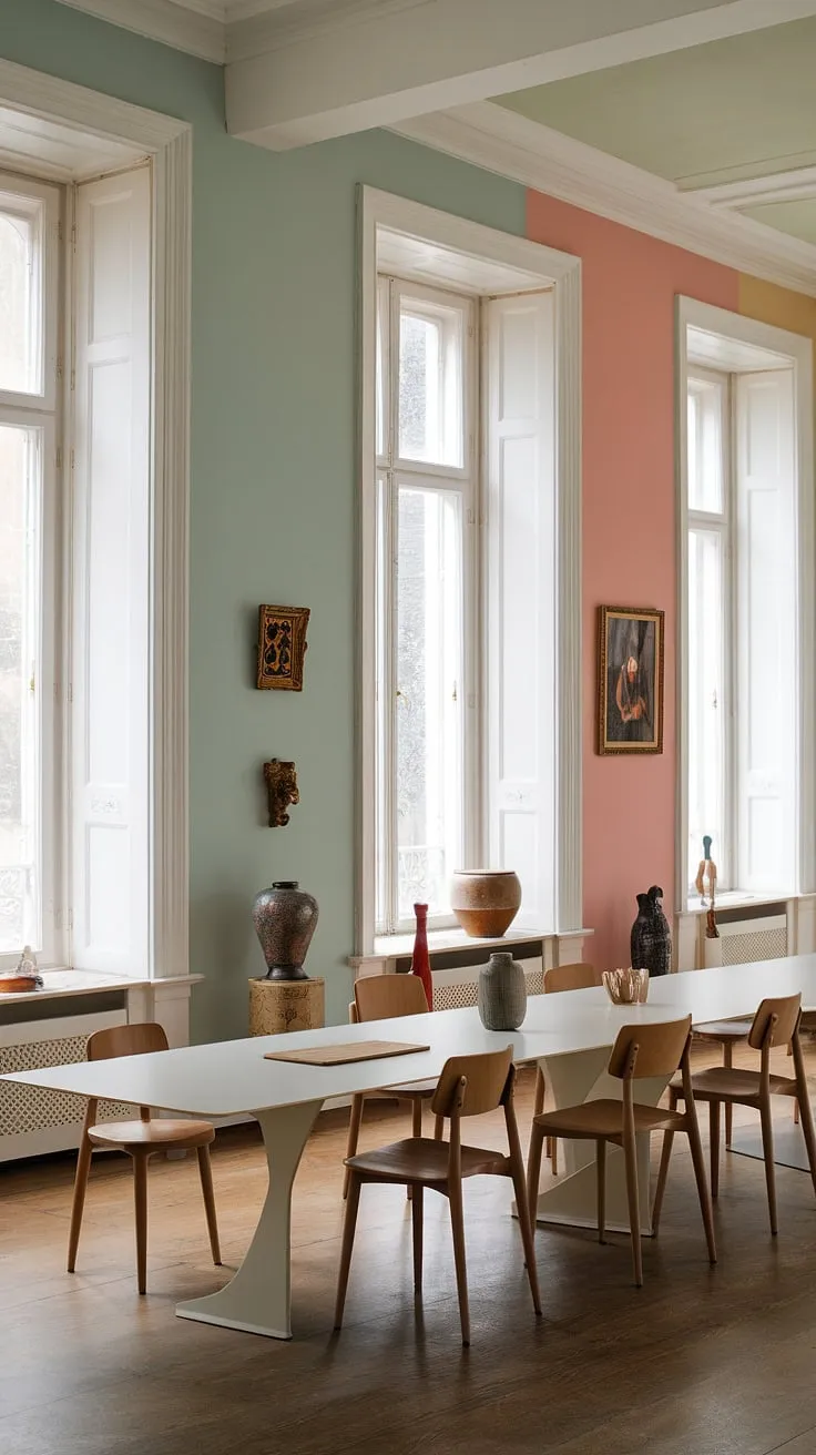 This eclectic dining room in a Georgian mansion showcases minimalist design with pastel interiors, white windows, and stylish decor ideas.