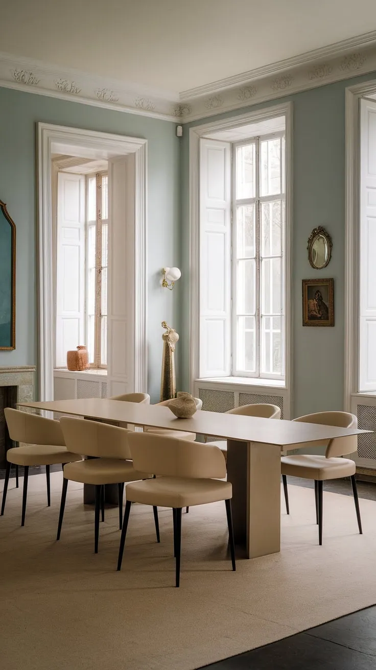 An eclectic dining room in a Georgian mansion features minimalist design and pastel interiors, highlighted by white windows and a long table with beige chairs against soft blue walls.
