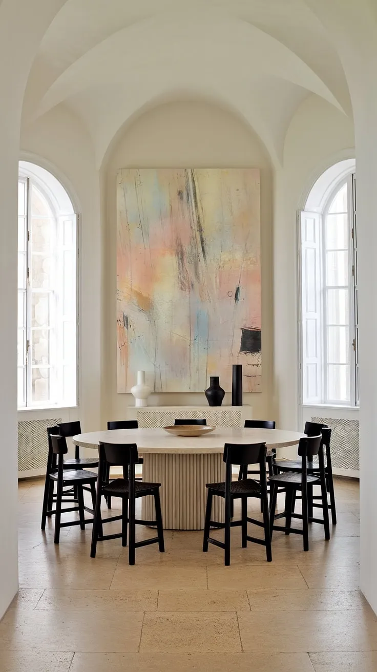 This eclectic dining room in a Georgian mansion features minimalist decor with white walls, a round table surrounded by black chairs, and pastel artwork, creating inspiring dining room decor ideas.