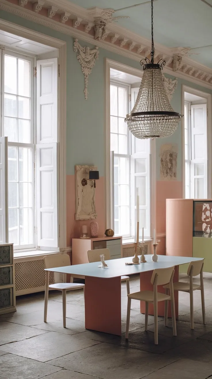 This eclectic dining room in a Georgian mansion showcases minimalist dining with pastel interiors, white windows, and decorative mouldings, offering inspiring dining room decor ideas.