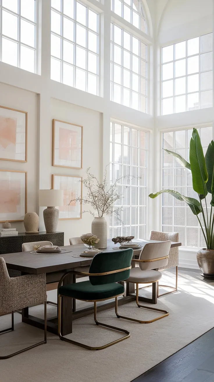 With its blend of eclectic dining elements and minimalist decor ideas, this Georgian home's dining room showcases pastel artwork and distinctive seating against a backdrop of bright white windows.