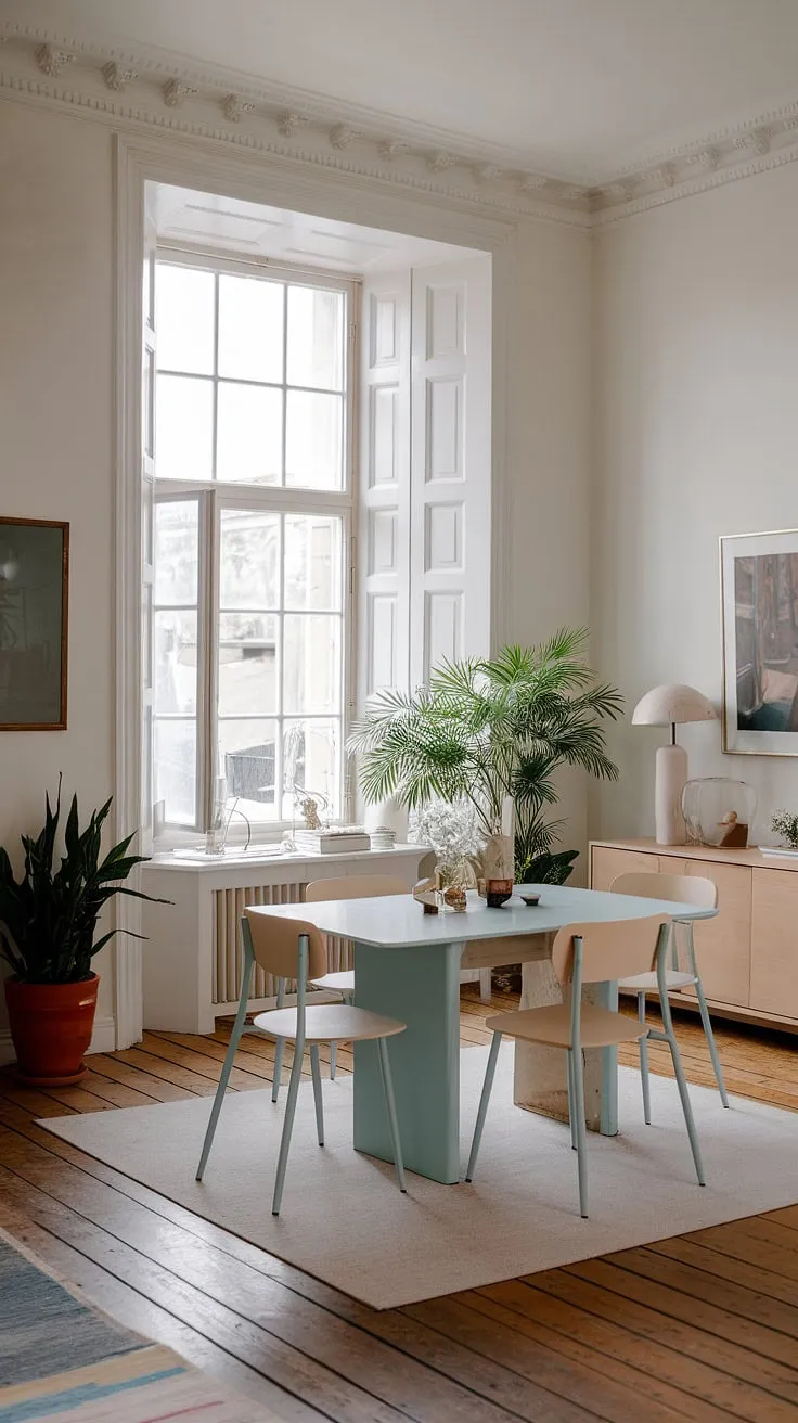 This eclectic dining room, inspired by Georgian homes, features a minimalist design with pastel interiors, a blue dining table, and white windows, making it a perfect example of innovative dining room decor ideas.