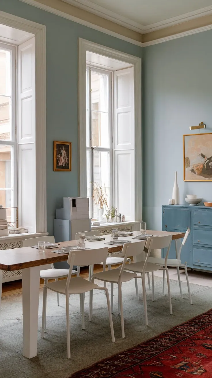 This eclectic dining room in a Georgian mansion features minimalist decor with pastel interiors, white windows, and a harmonious blend of a wooden table, white chairs, and a blue cabinet.