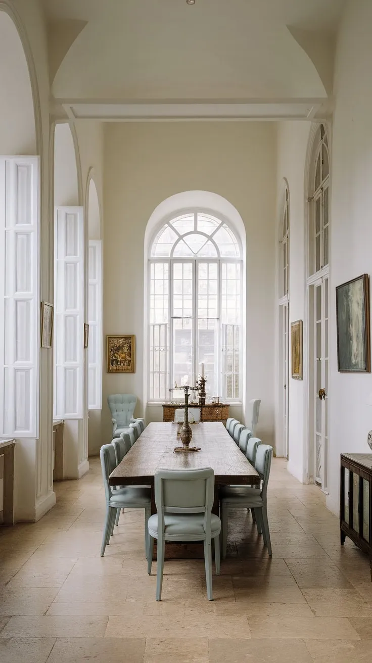 An eclectic dining room in a Georgian mansion features minimalist decor with white walls and windows, a long wooden table surrounded by pastel blue chairs, and art that enhances the room's charm.