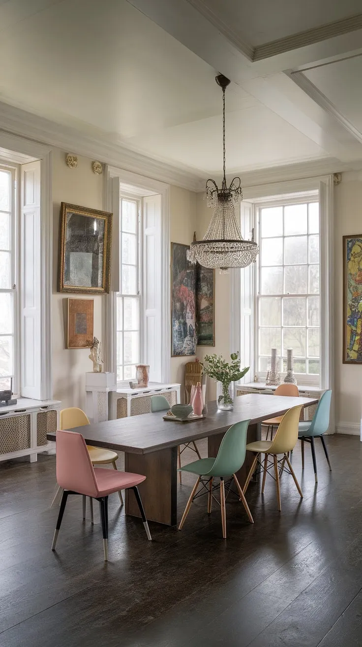 An eclectic dining room in a Georgian mansion features a high ceiling, white windows, and minimalist decor, highlighted by a long wooden table surrounded by pastel chairs and adorned with artwork.