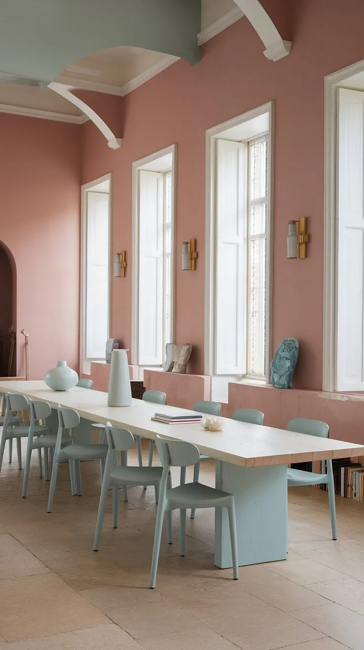 With its high ceiling and beige tiled floor, this eclectic dining room decor idea blends minimalist elegance and pastel charm, perfect for Georgian homes.