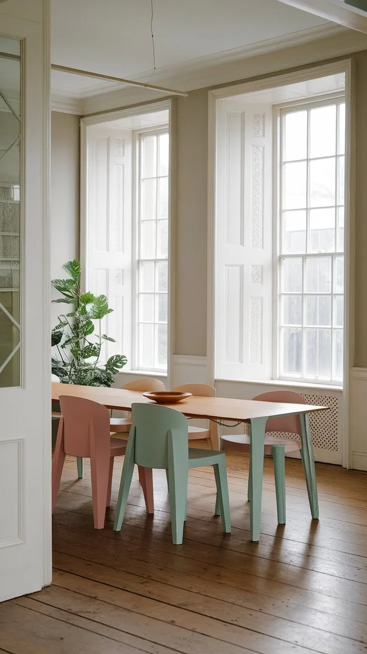This eclectic dining room in a Georgian mansion features a minimalist dining set with pastel interiors, white walls and windows, and charming room decor ideas like a potted plant.