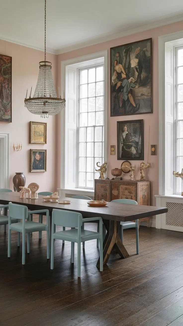 This Georgian mansion features an eclectic dining room with a long wooden table, pastel blue chairs, vintage artwork, and white windows, offering inspiring dining room decor ideas for minimalist and pastel interiors.