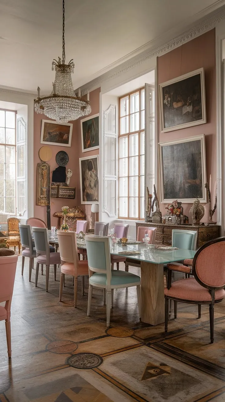 An eclectic dining room in a Georgian mansion features high ceilings, white windows, and pastel interiors, showcasing unique dining room decor ideas with a long table and patterned flooring.
