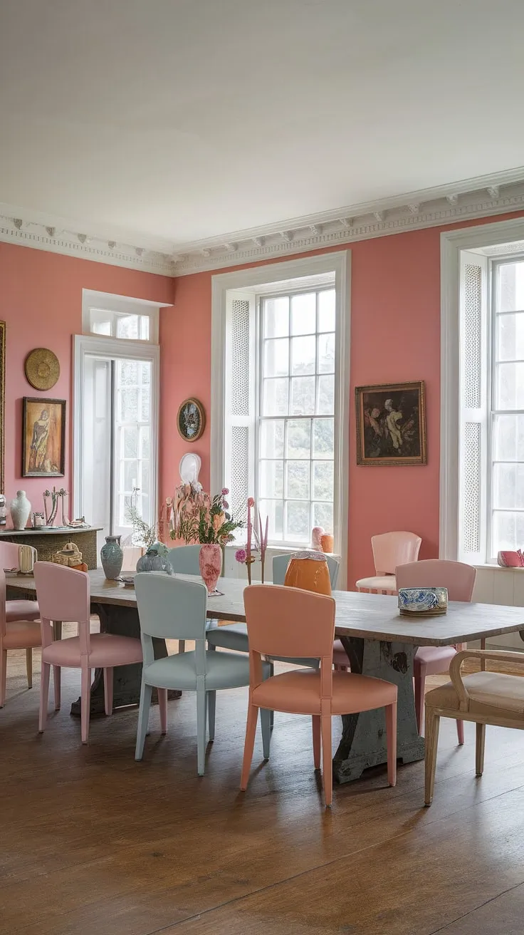 This eclectic dining room in a Georgian mansion features pastel interiors, white windows, and unique decor ideas that blend minimalist charm with vibrant style.