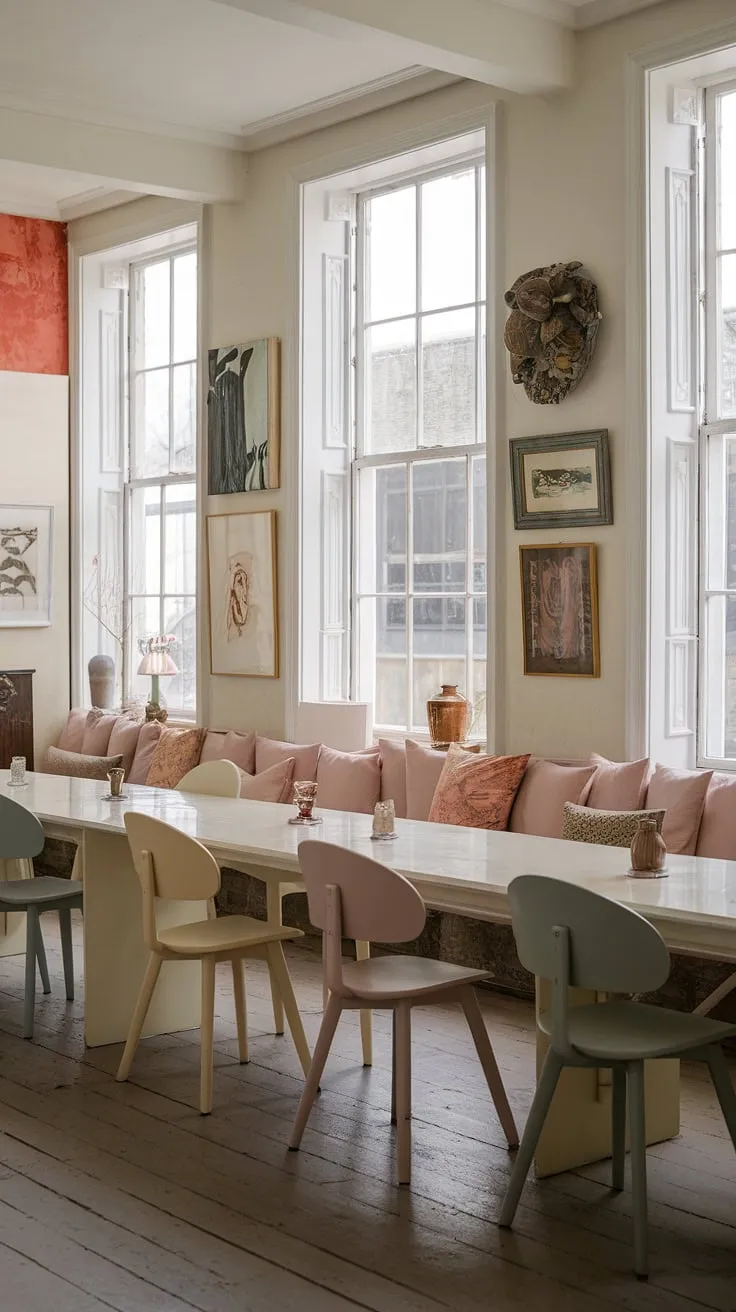 An eclectic dining room in a Georgian mansion showcases minimalist design with white windows, pastel interiors, and art-adorned walls, offering inspiring dining room decor ideas.