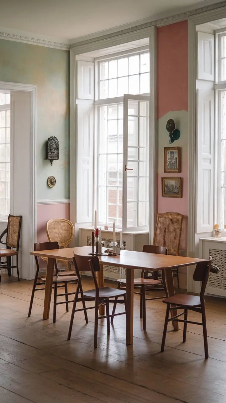 This eclectic dining room in a Georgian mansion features minimalist decor with pastel interiors, white windows, and a wooden dining table surrounded by stylish chairs, offering inspiring dining room decor ideas.