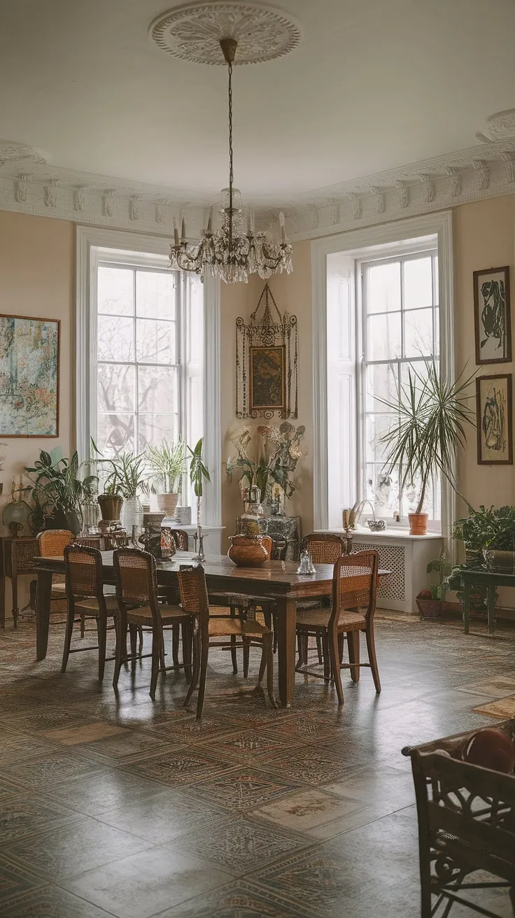 The dining room decor ideas in this Georgian mansion highlight an eclectic style with high ceilings, white windows, and a harmonious mix of minimalist and pastel interiors, centered around a large wooden table and adorned with plants and artwork.