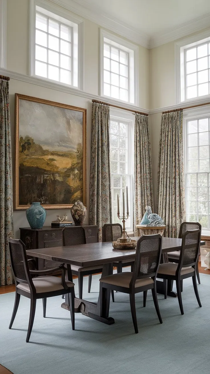 This eclectic dining room in a Georgian mansion features high ceilings, light from white windows, and a blend of dark wood furniture and pastel interiors, offering inspiring dining room decor ideas.