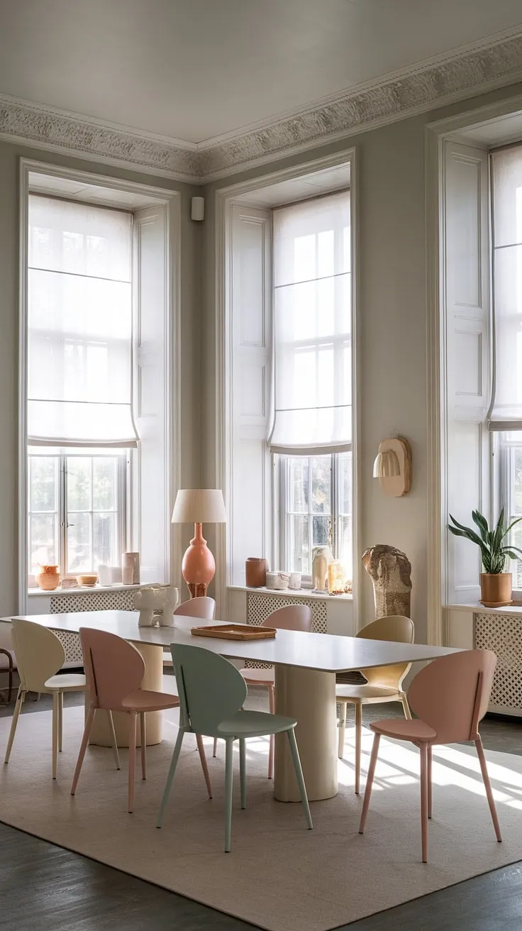 With its high ceiling and soft gray walls, this eclectic dining room showcases minimalist elegance and pastel interiors, perfect for Georgian homes seeking fresh room decor ideas.