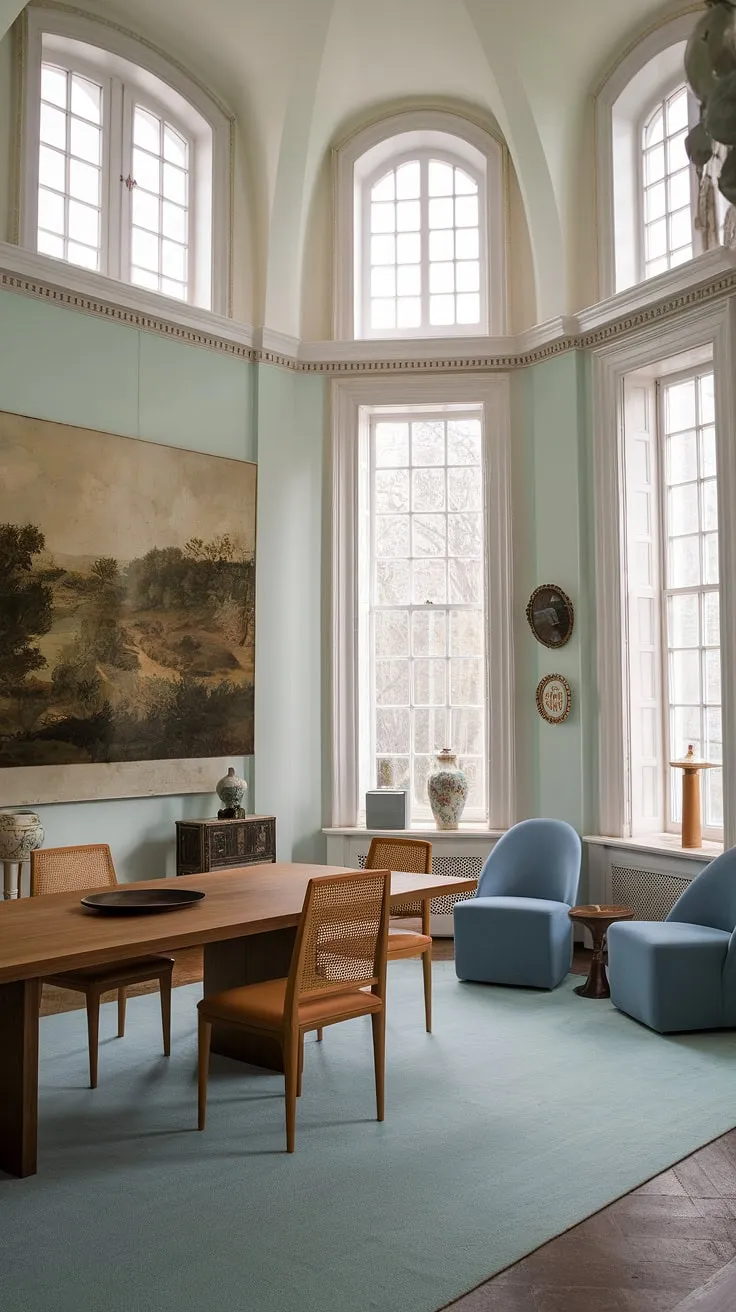 An eclectic dining room in a Georgian mansion showcases pastel interiors with white windows, a wooden table surrounded by blue chairs, and thoughtful decor ideas that blend minimalist charm with artistic flair.