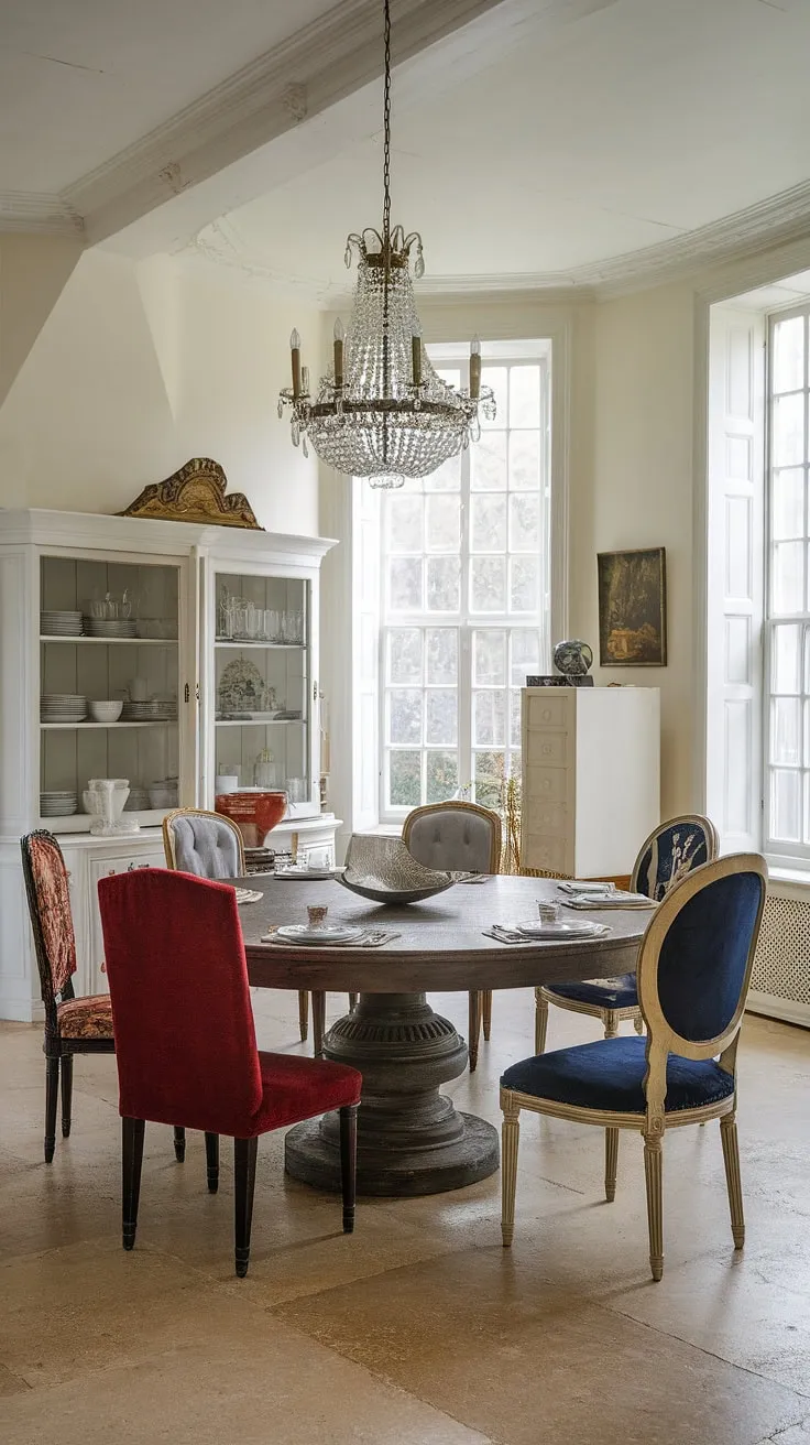 This eclectic dining room in a Georgian mansion features a mix of unique chairs around a round wooden table, complemented by pastel interiors and white windows that enhance its minimalist decor.