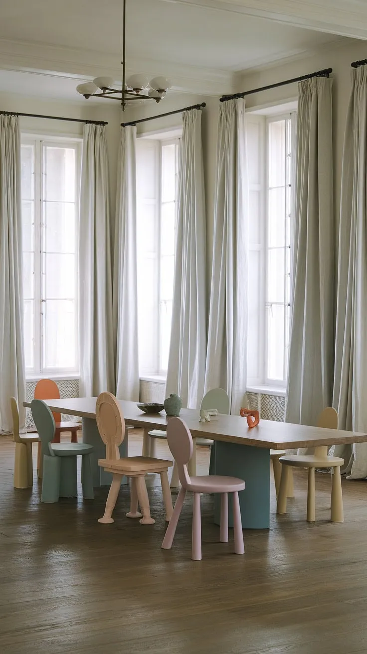 This eclectic dining room in a Georgian mansion features a minimalist design with pastel interiors, a long wooden table, and uniquely styled chairs, all framed by white windows and tall curtains.