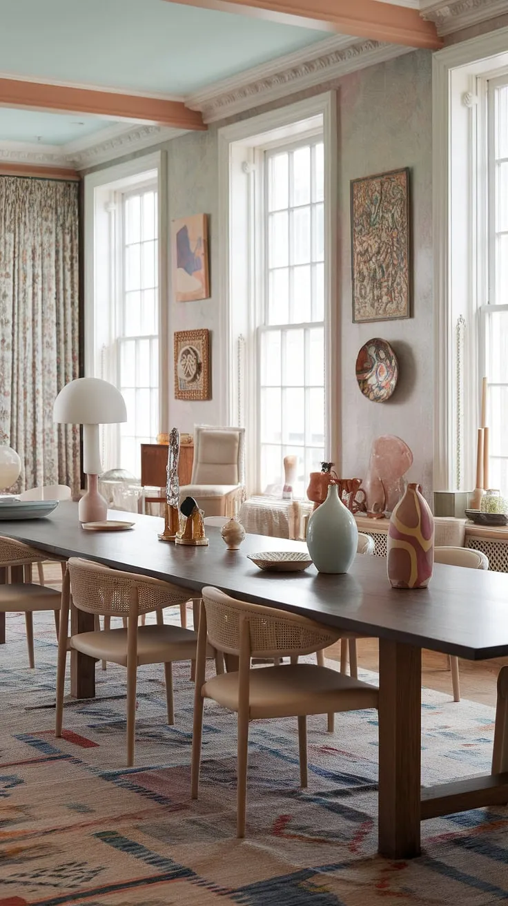 This eclectic dining room in a Georgian mansion features a long wooden table adorned with decorative items, complemented by pastel interiors, white windows, and stylish room decor ideas.