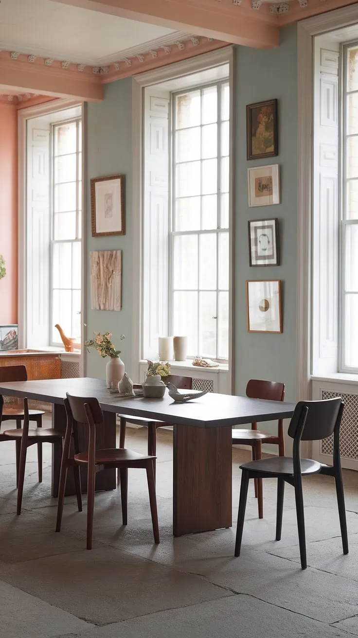 This eclectic dining room in a Georgian mansion features minimalist design with pastel interiors, white windows, and stone flooring, showcasing unique dining room decor ideas.