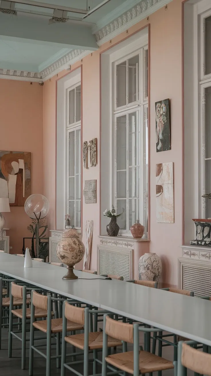 This eclectic dining room in a Georgian mansion showcases minimalist design with pastel interiors, a long white table, art-adorned walls, and charming white windows, offering inspiring dining room decor ideas.
