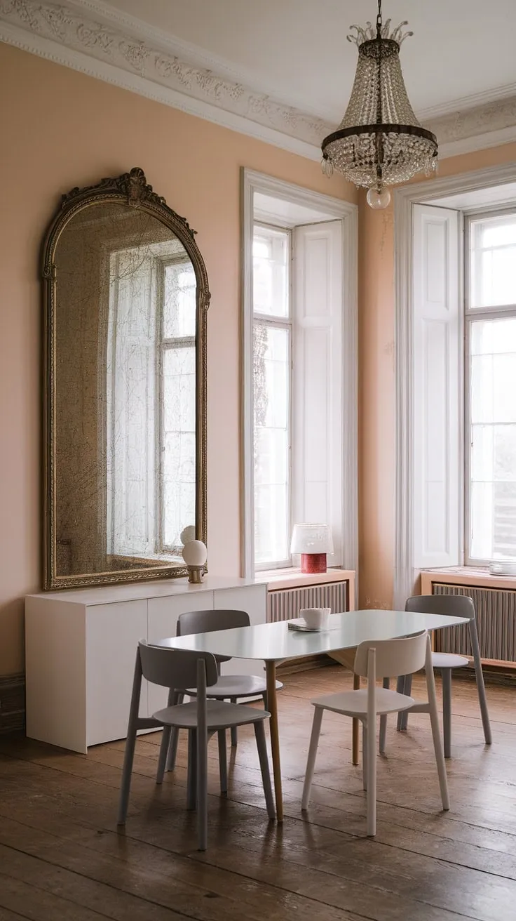 This eclectic dining room in a Georgian mansion features pastel interiors, a minimalist dining setup with a white table and chairs, and elegant decor ideas like an ornate mirror and decorative molding.