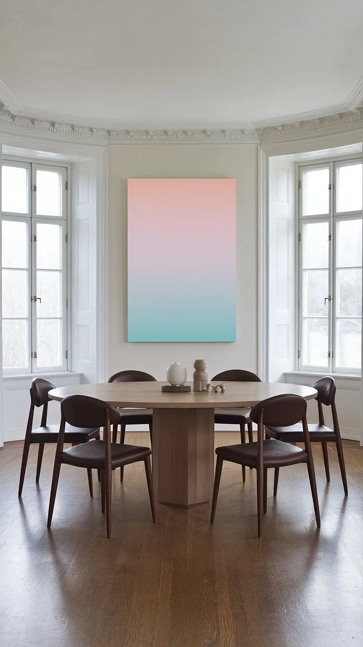 The minimalist design of this eclectic dining room, set in a Georgian home, showcases white walls and windows, a hardwood floor, and a striking pastel artwork, creating a perfect blend of style and comfort.