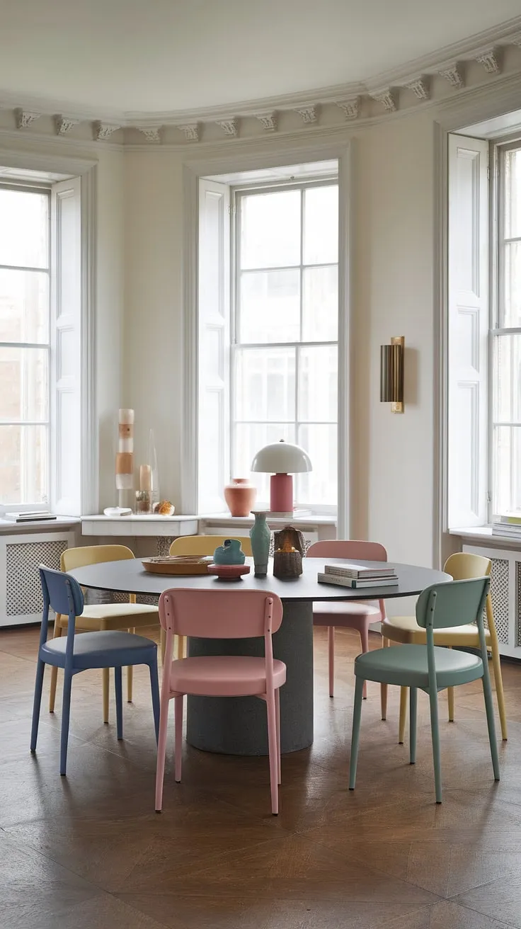 With its blend of eclectic dining elements and minimalist style, this Georgian home's dining room showcases pastel interiors and creative room decor ideas through its charming furnishings and decor.