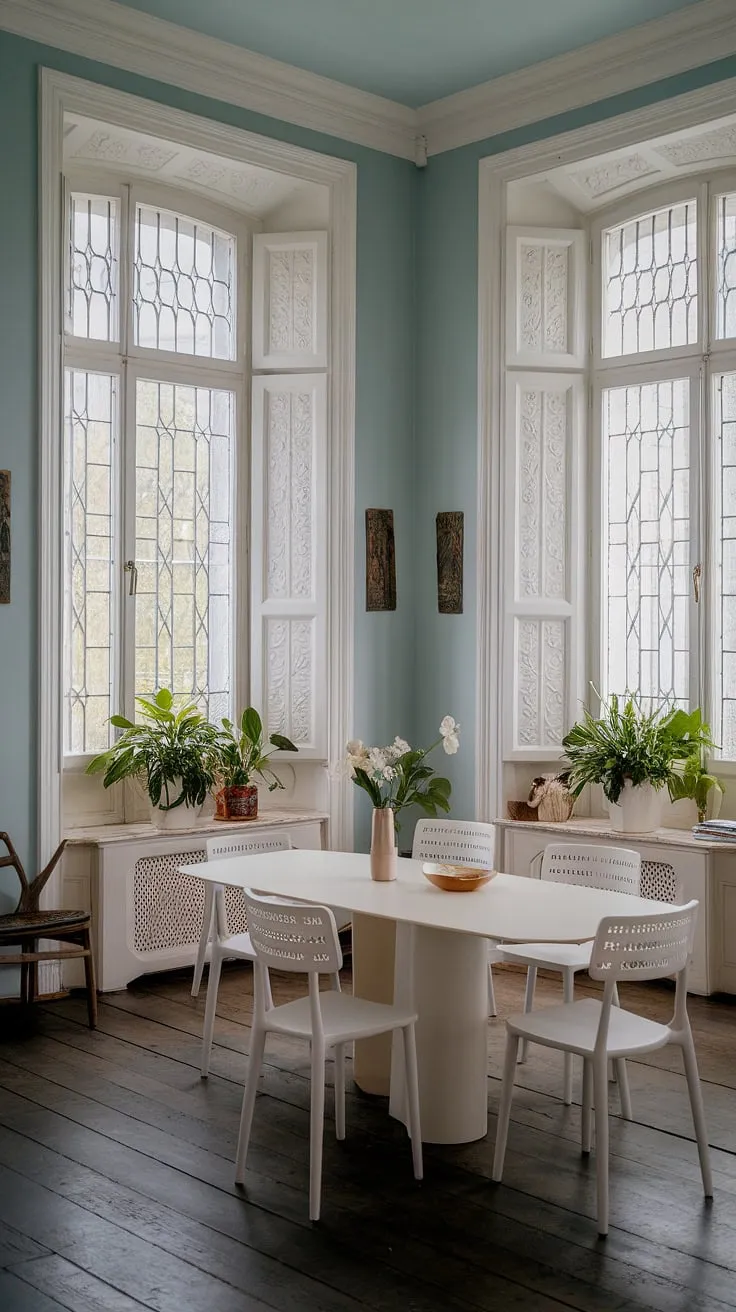 This Georgian mansion's eclectic dining room showcases minimalist design elements, pastel interiors, and charming decor ideas, highlighted by white windows and lush greenery.