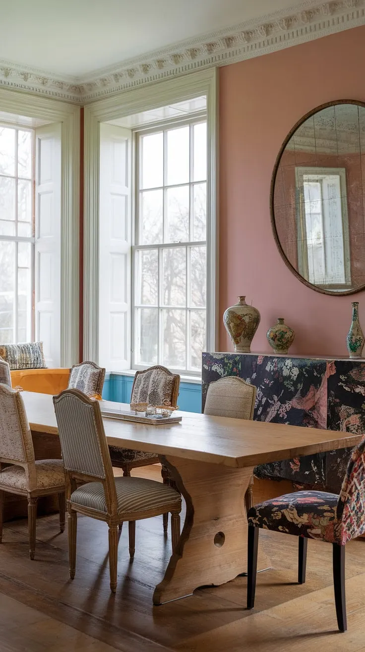 This eclectic dining room in a Georgian mansion features white windows, pastel interiors, and a mix of patterned chairs, offering inspiring dining room decor ideas.