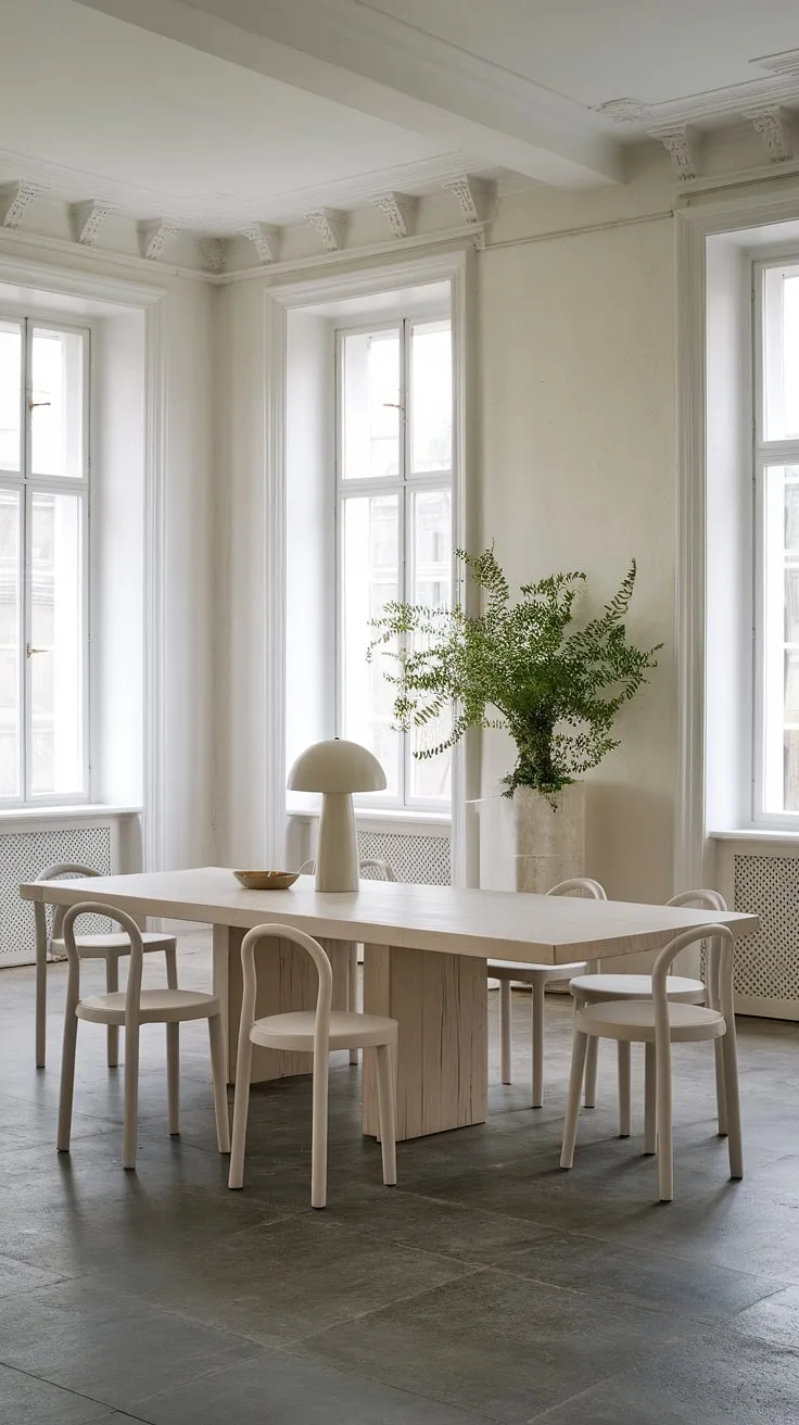 This eclectic dining room features minimalist design elements with white walls and windows, a rustic wooden table, and pastel interiors, making it a perfect decor idea for Georgian homes and mansions.