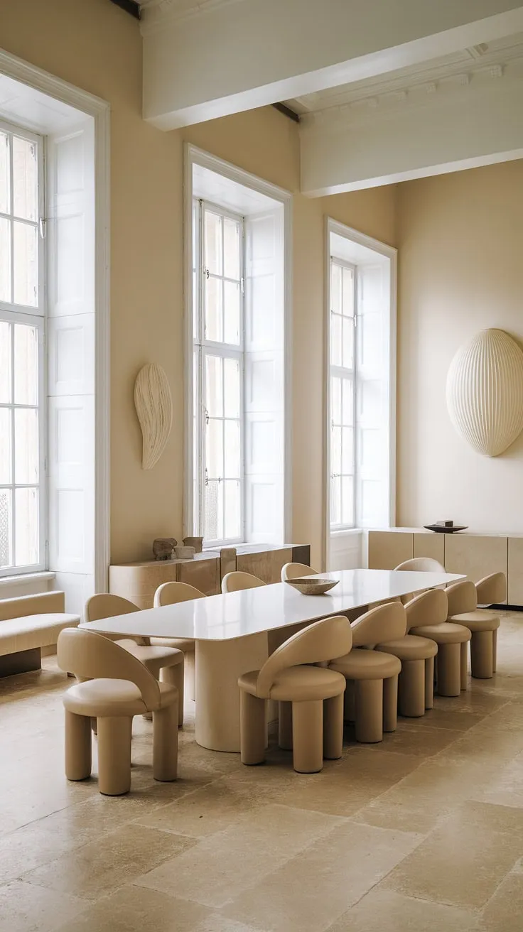This eclectic dining room in a Georgian mansion features minimalist decor ideas with pastel interiors, white windows, and a stylish long dining table surrounded by curved beige chairs.