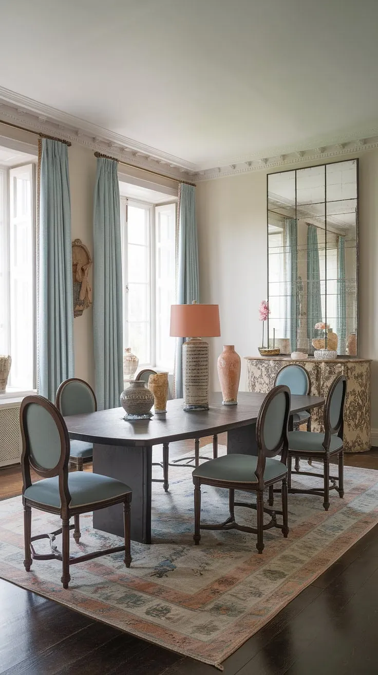 This eclectic dining room in a Georgian mansion features minimalist decor ideas with pastel interiors, white windows, and a striking dark wood table surrounded by blue-upholstered chairs.