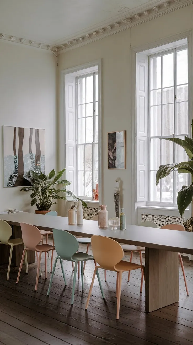 This eclectic dining room blends minimalist aesthetics with pastel interiors in a Georgian home, featuring a long wooden table, white windows, and tasteful decor ideas for a stylish dining experience.