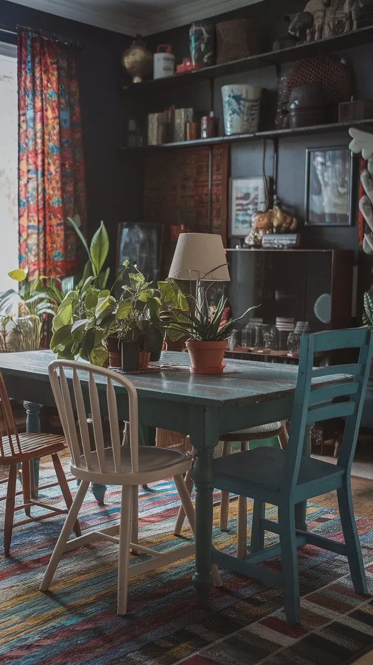 This dark eclectic dining room proves that a cosy dining area can be both stylish and unique.  The thrifted dining table and mismatched dining table and chairs create a funky dining room idea, perfectly complemented by the colorful dining room rug and vintage dining room aesthetic.  The eclectic eat-in kitchen feel is complete with potted plants and shelves brimming with character.