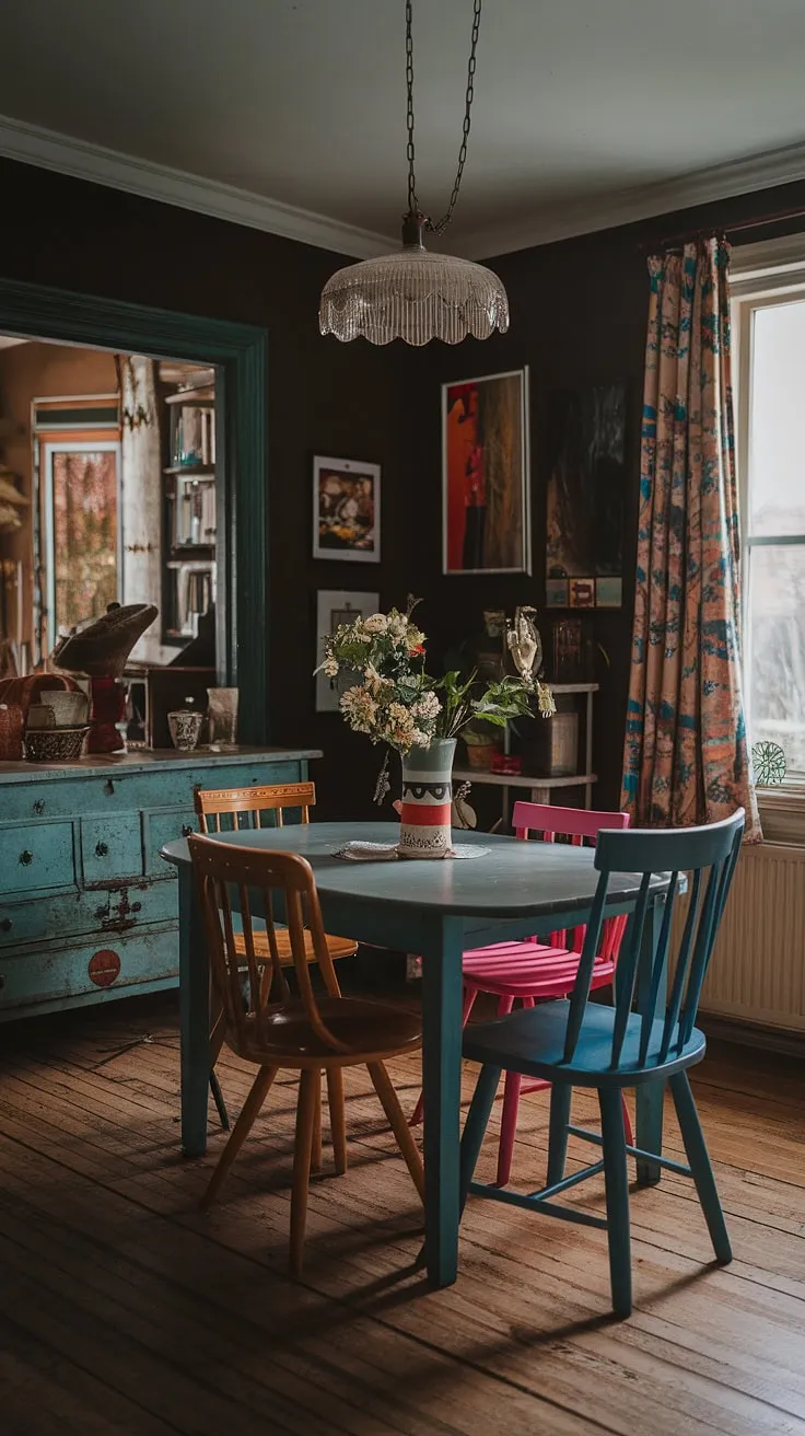 A thrifted dining table anchors this colorful dining room, a testament to eclectic dining at its finest.  Mismatched dining table and chairs create a cosy dining area with a funky dining room ideas vibe, showcasing a vintage dining room aesthetic in a dark eclectic dining room and eclectic eat-in kitchen.